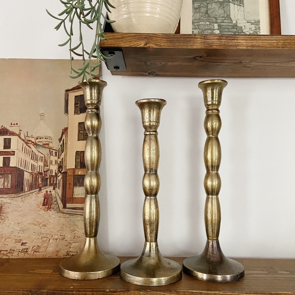Antique Brass Candlestick Holders Set Of 3